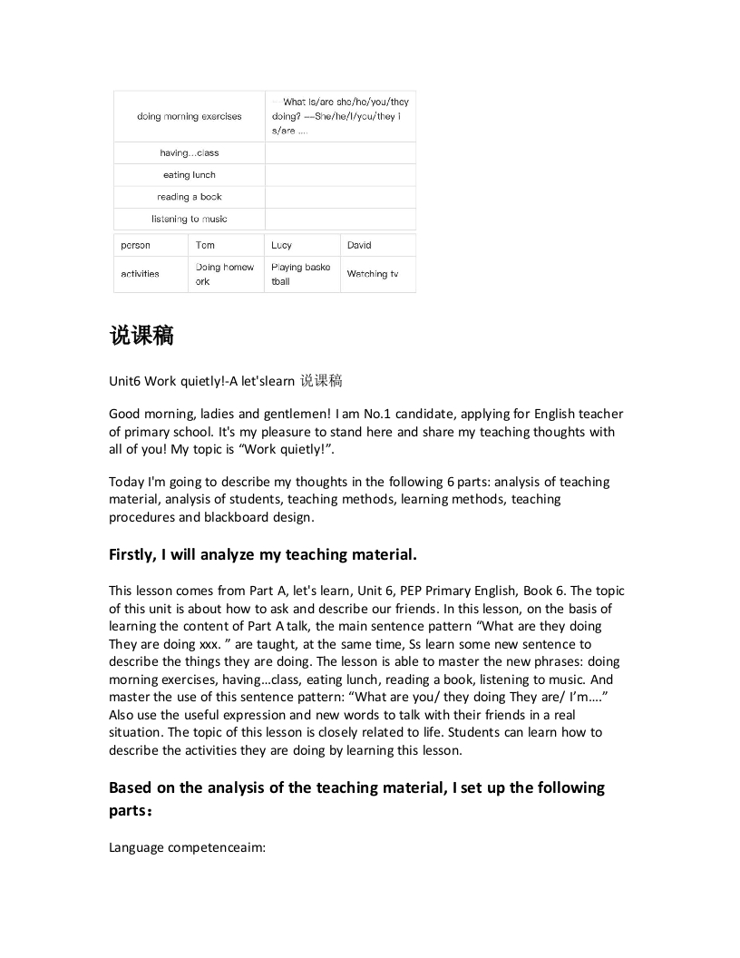 人教版小学英语说课稿《Unit6Workquietly-Aletslearn说课稿》-考神资料苑