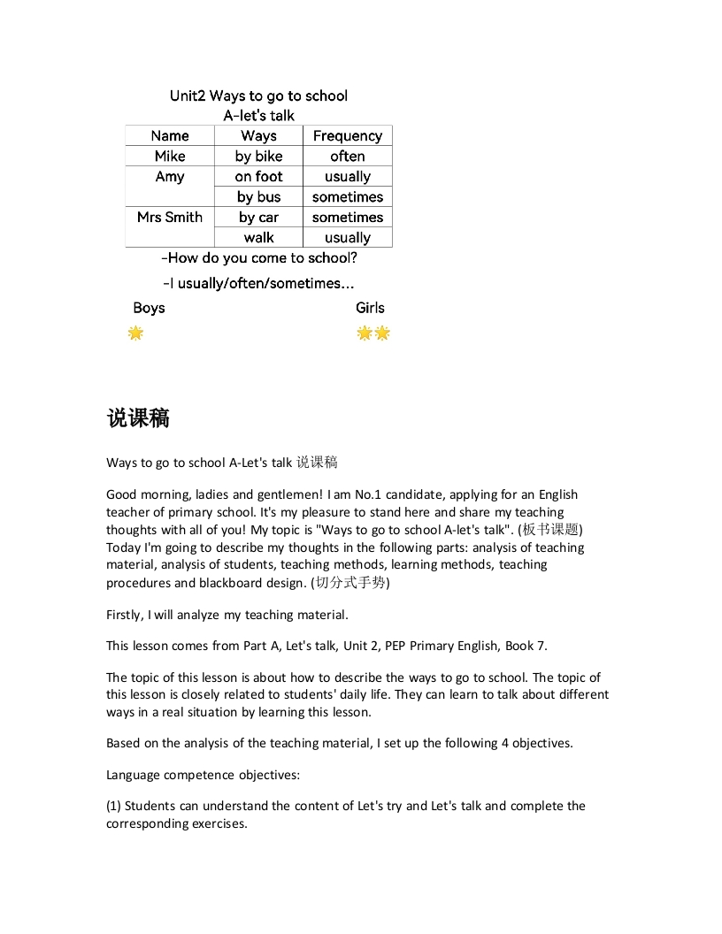 人教版小学英语说课稿《WaystogotoschoolA-Letstalk说课稿》-考神资料苑