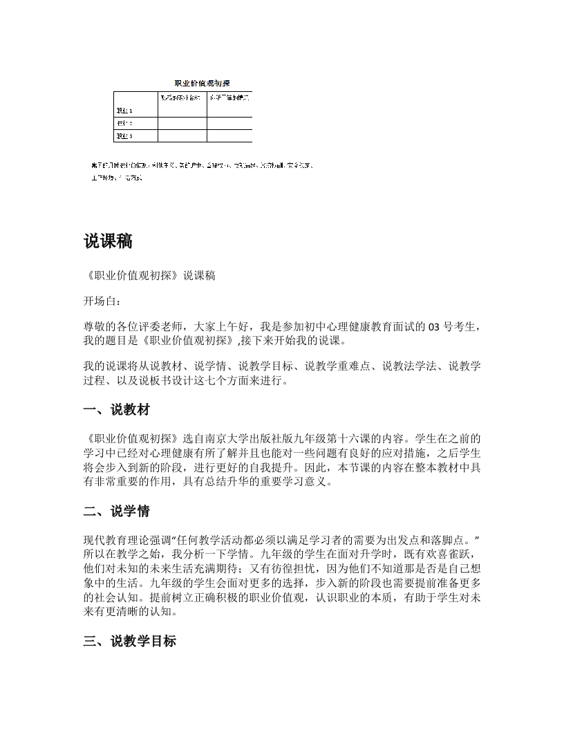 初中心理健康说课稿《职业价值观初探》
