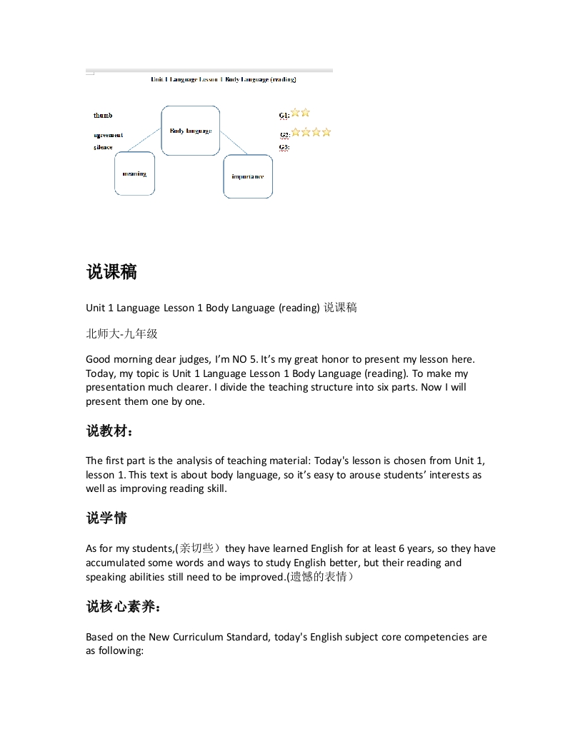 北师大版初中英语说课稿《Unit1LanguageLesson1BodyLanguage(reading)说课稿》