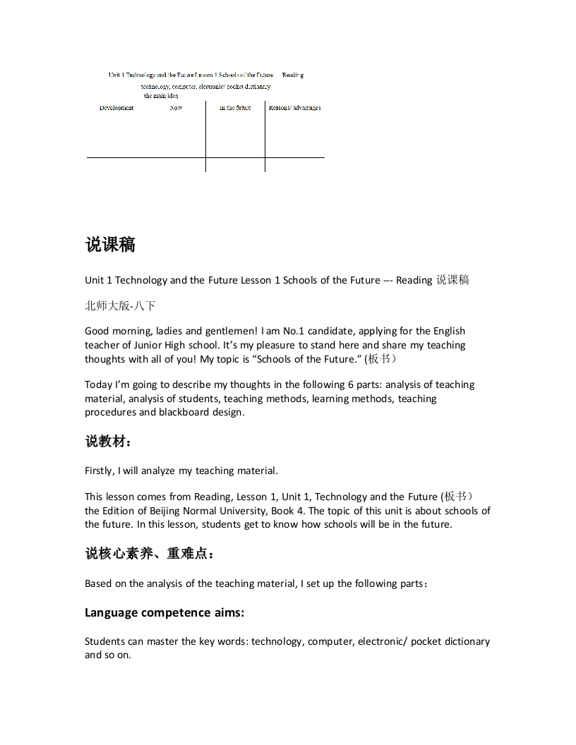 北师大版初中英语说课稿《Unit1TechnologyandtheFutureLesson1SchoolsoftheFuture---Reading说课稿》