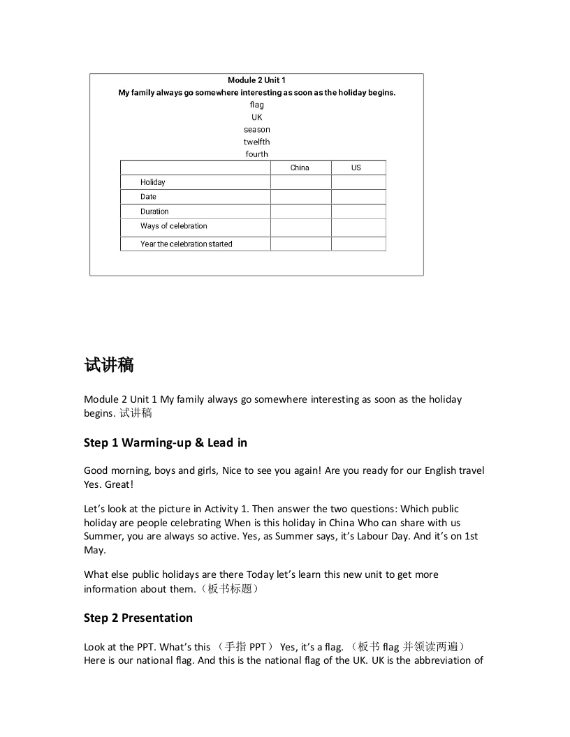 外研社版初中英语试讲稿《Module2Unit1Myfamilyalwaysgosomewhereinterestingassoonastheholidaybegins.试讲稿