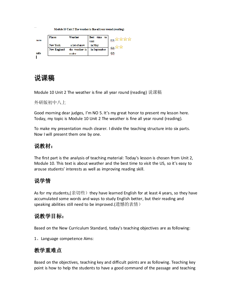 外研社版初中英语说课稿《Module10Unit2Theweatherisfineallyearround(reading)》