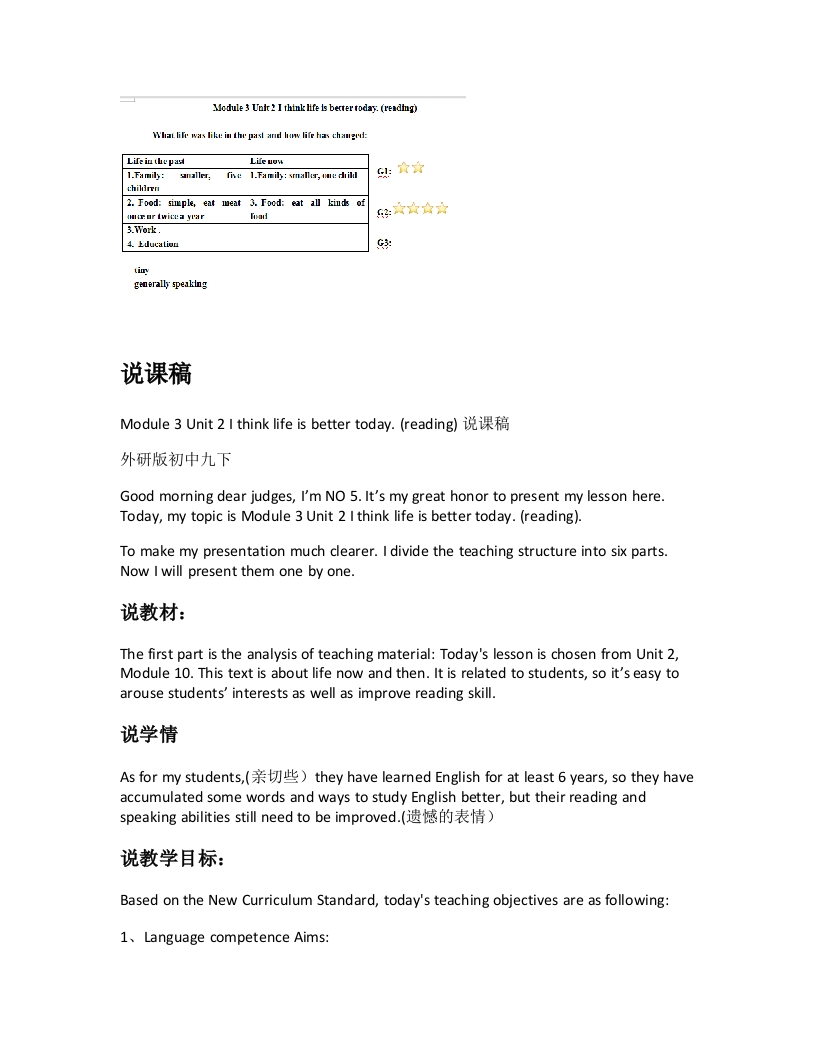 外研社版初中英语说课稿《Module3Unit2Ithinklifeisbettertoday.(reading)》