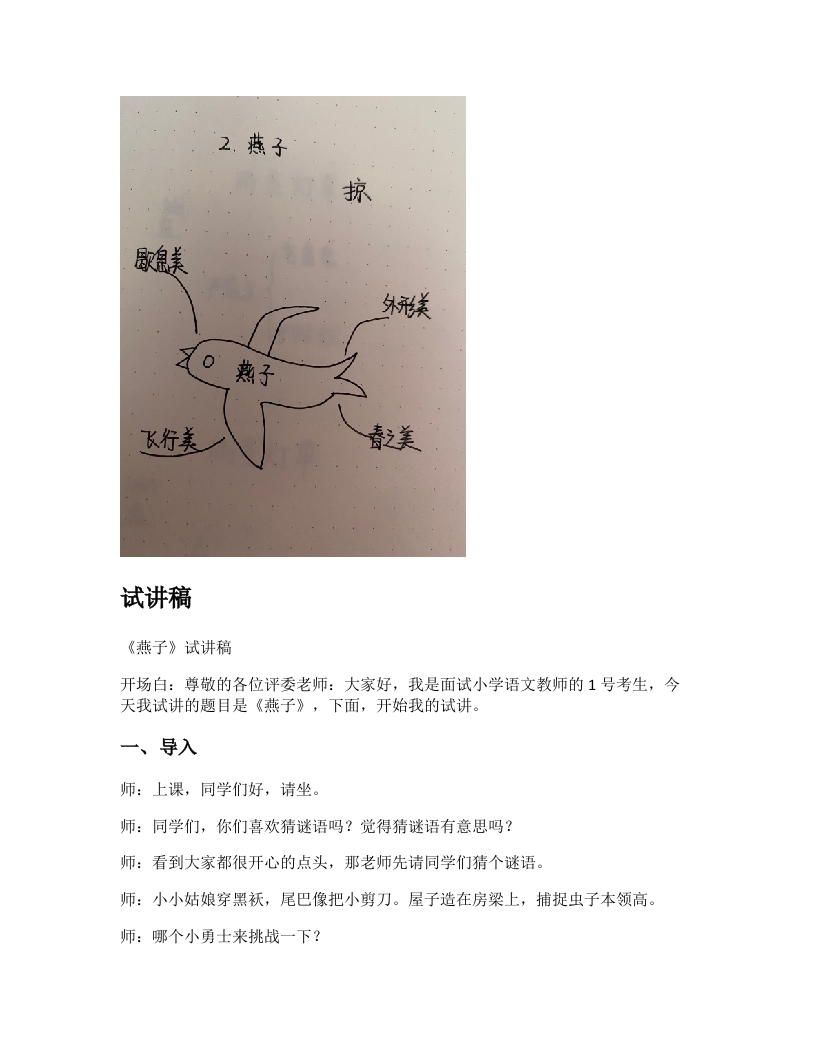 小学语文试讲稿《燕子》新课标