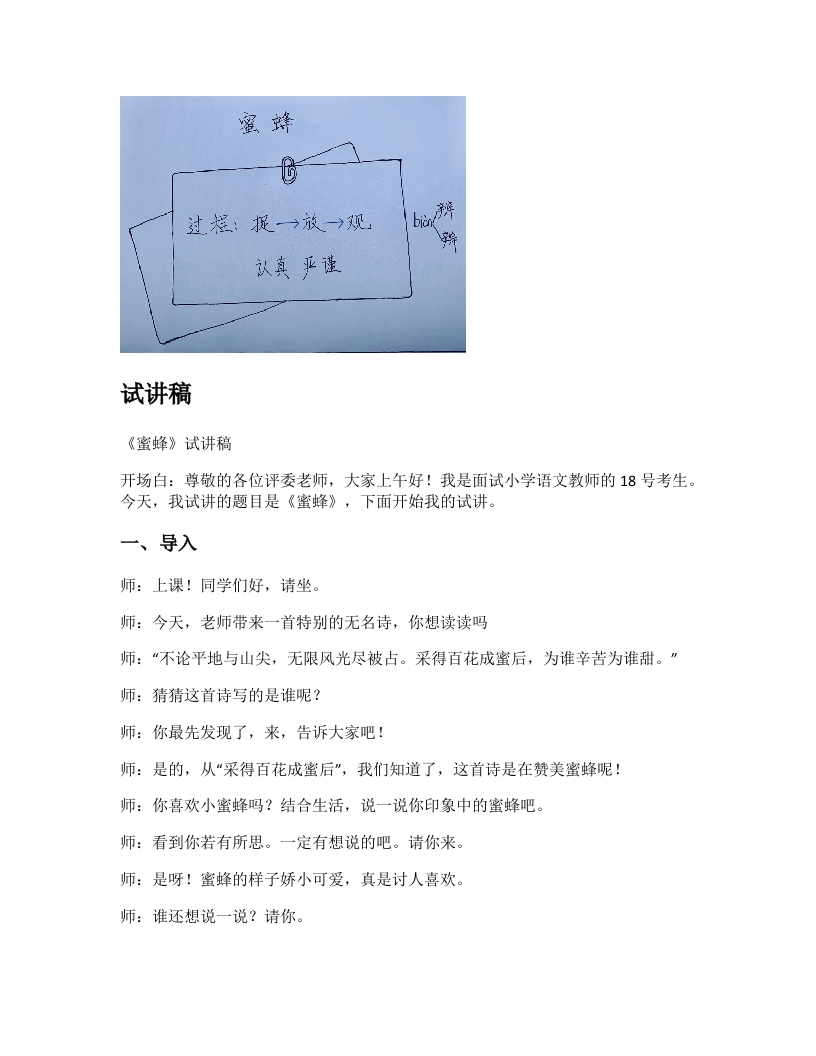 小学语文试讲稿《蜜蜂》新课标