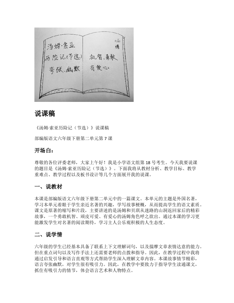 小学语文说课稿《汤姆·索亚历险记（节选）》新课标-考神资料苑