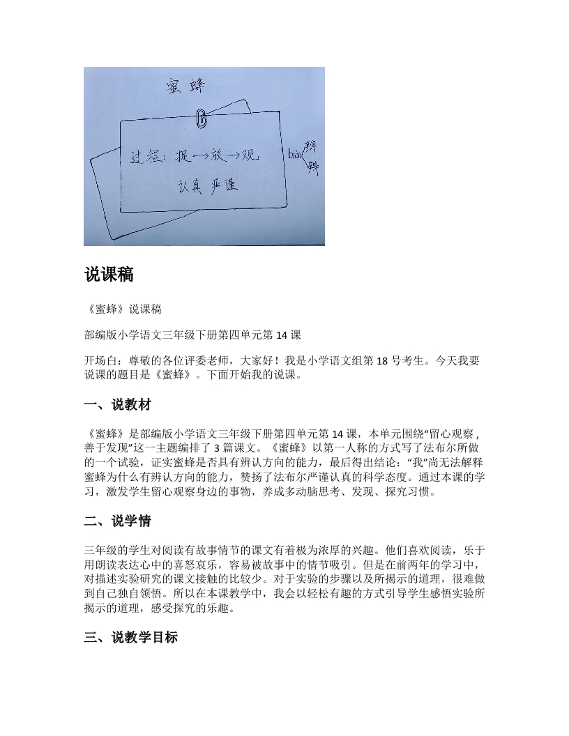 小学语文说课稿《蜜蜂》新课标-考神资料苑