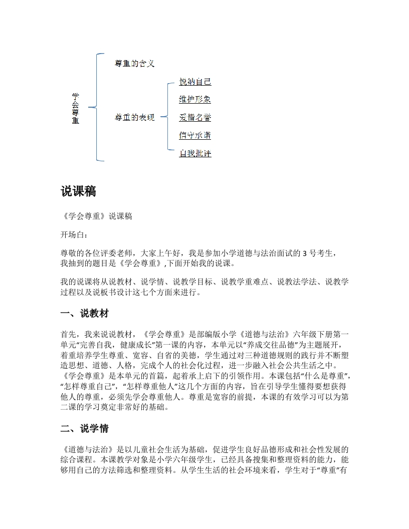 小学道法说课稿《学会尊重》