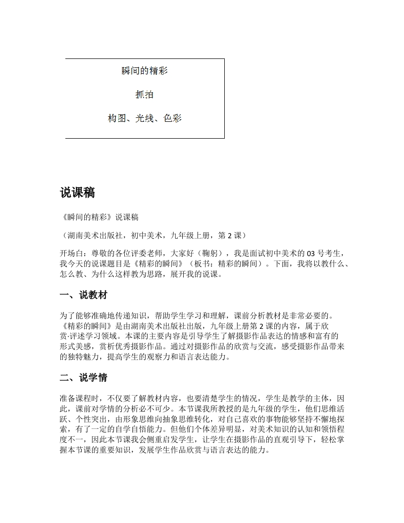 湘美版初中美术说课稿《瞬间的精彩》