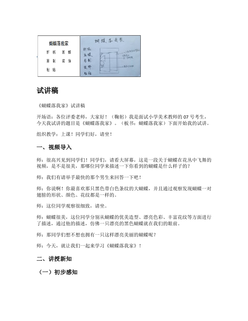 湘美版小学美术试讲稿《蝴蝶落我家》
