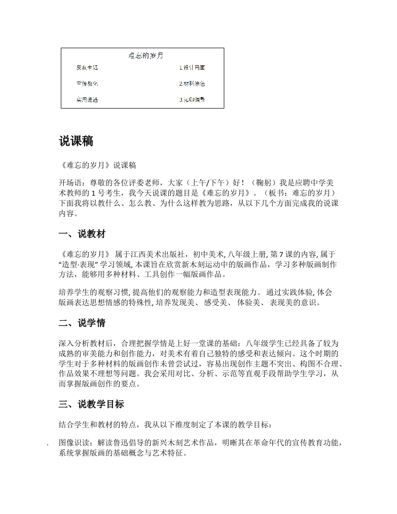赣美版初中美术说课稿《难忘的岁月》